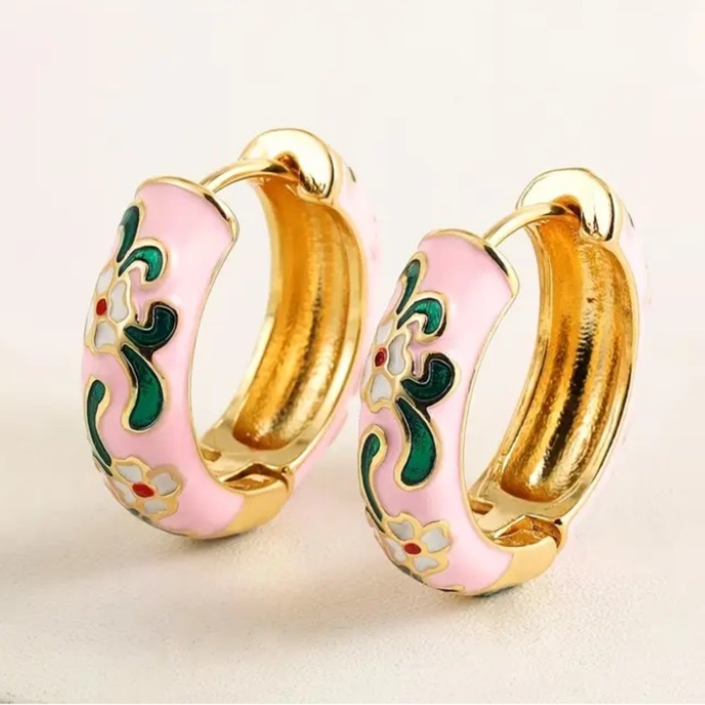 White Flower Pink Enamel Gold Toned Hoop Earrings - Picture 4 of 6